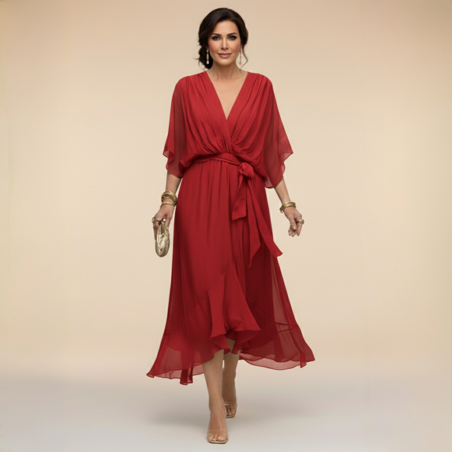 Abito in Chiffon Donna | Scollo a V slancia & Vita definita con cintura