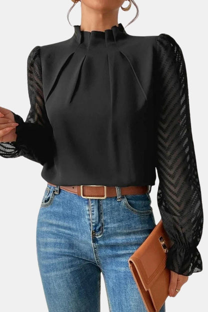 Adele – Elegant Long-Sleeve Blouse with Textured Sheer Sleeves