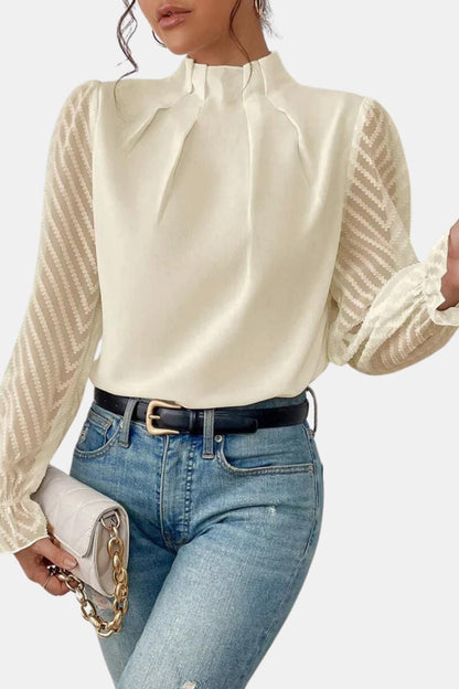 Adele – Elegant Long-Sleeve Blouse with Textured Sheer Sleeves