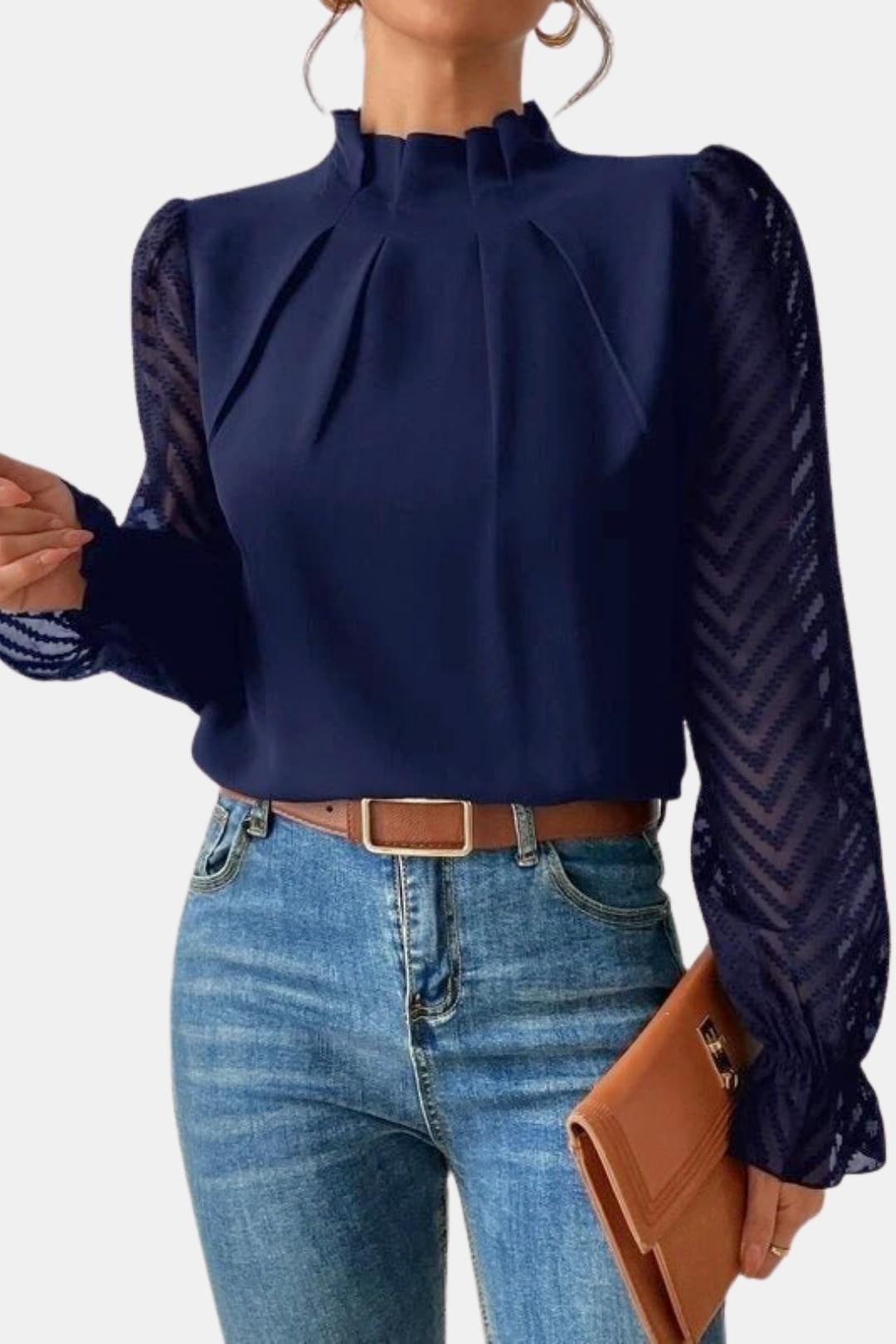 Adele – Elegant Long-Sleeve Blouse with Textured Sheer Sleeves
