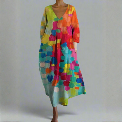 Adriana | Women Summer Maxi Dress V-Neck Long Sleeve All-Over Print