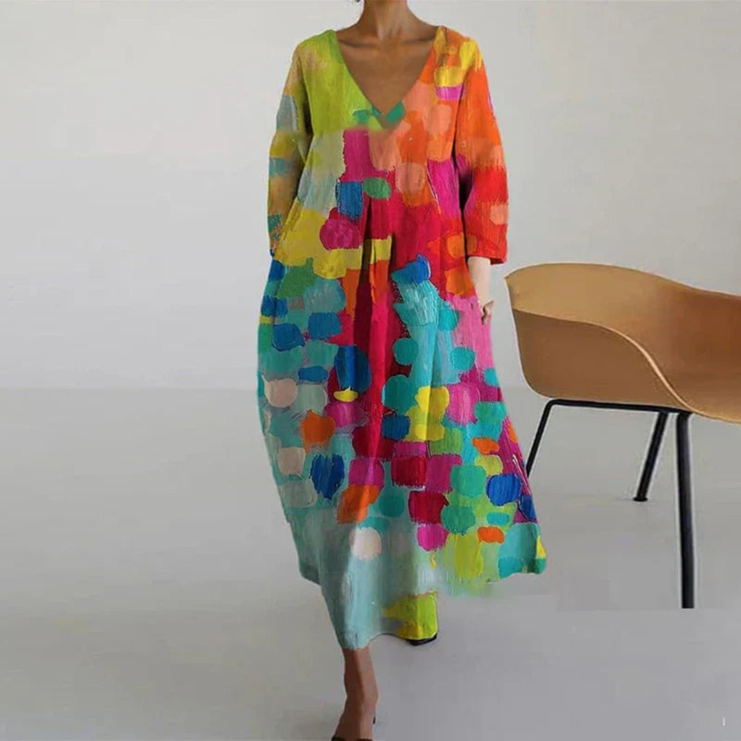 Adriana | Women Summer Maxi Dress V-Neck Long Sleeve All-Over Print