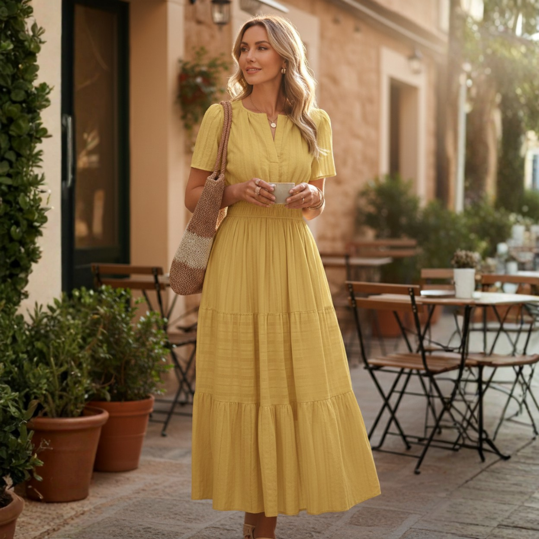Adrianna | Women Summer Maxi Dress Yellow Split V-Neck Shirred Waist Tiered Skirt