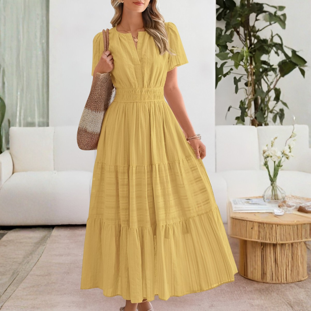 Adrianna | Women Summer Maxi Dress Yellow Split V-Neck Shirred Waist Tiered Skirt