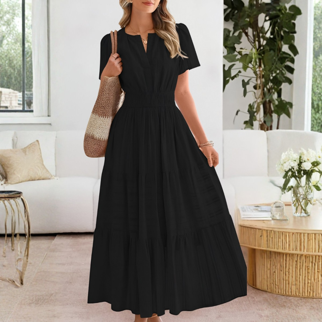 Adrianna | Women Summer Maxi Dress Yellow Split V-Neck Shirred Waist Tiered Skirt