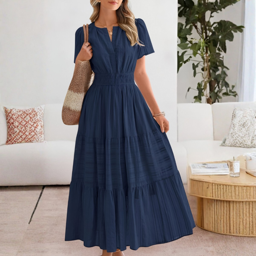 Adrianna | Women Summer Maxi Dress Yellow Split V-Neck Shirred Waist Tiered Skirt