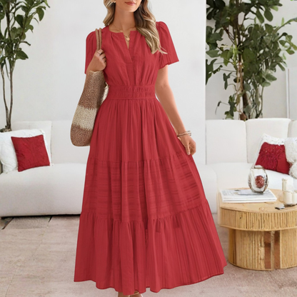 Adrianna | Women Summer Maxi Dress Yellow Split V-Neck Shirred Waist Tiered Skirt