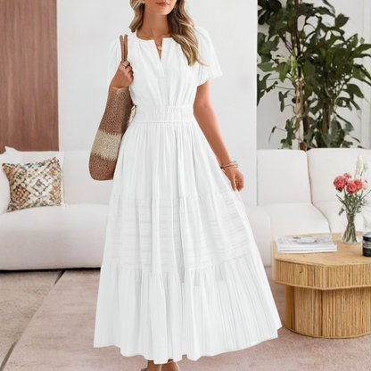 Adrianna | Women Summer Maxi Dress Yellow Split V-Neck Shirred Waist Tiered Skirt