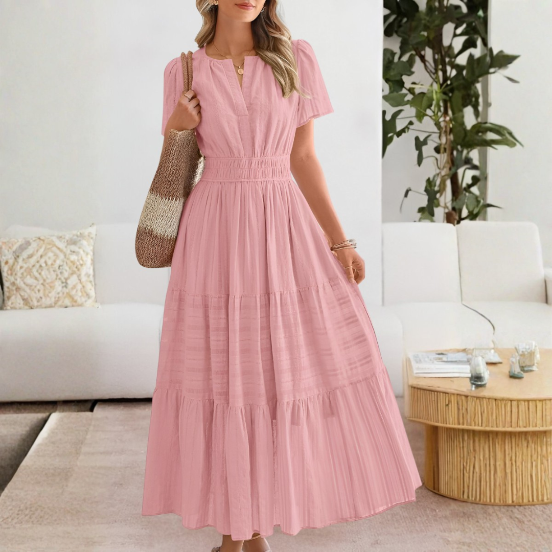 Adrianna | Women Summer Maxi Dress Yellow Split V-Neck Shirred Waist Tiered Skirt