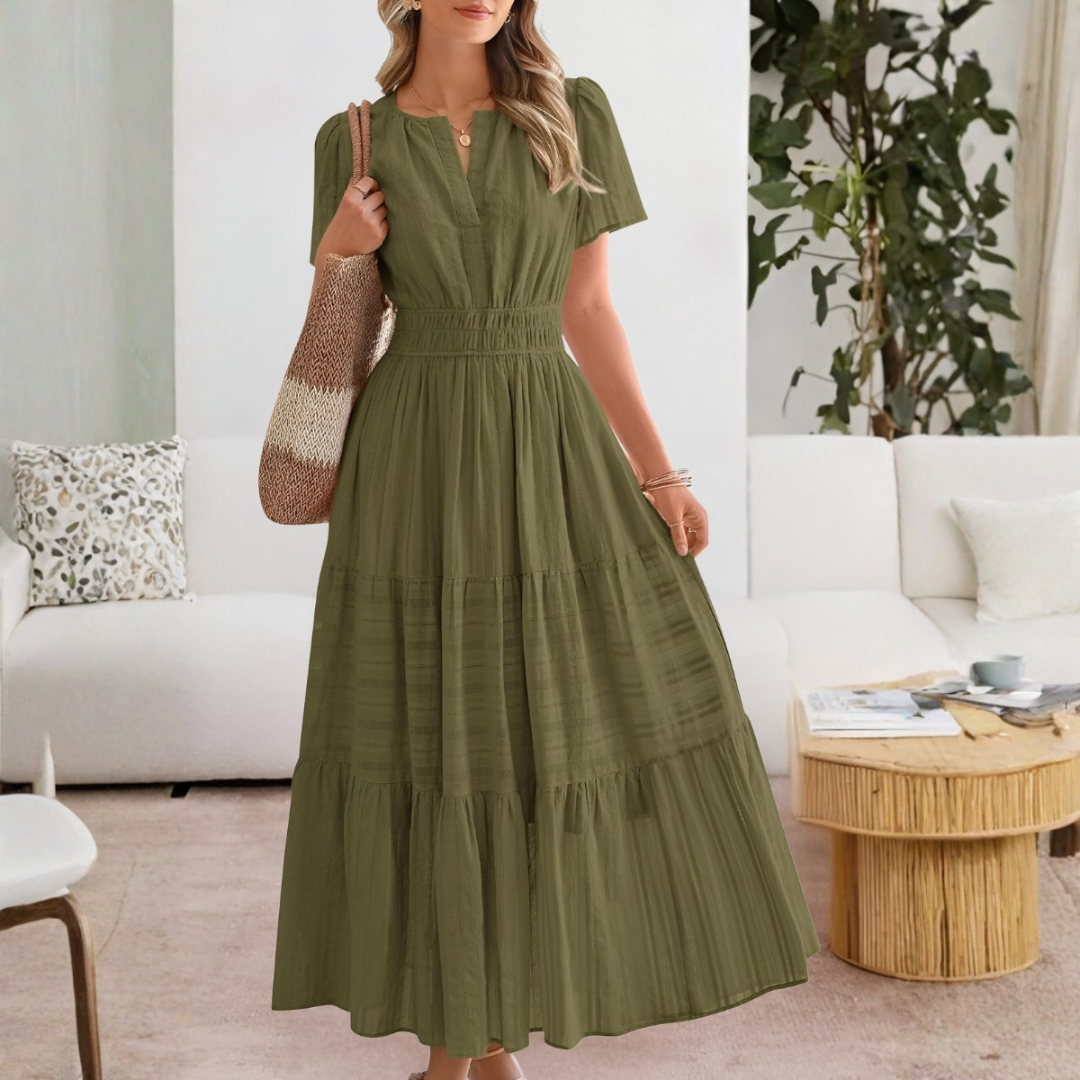 Adrianna | Women Summer Maxi Dress Yellow Split V-Neck Shirred Waist Tiered Skirt
