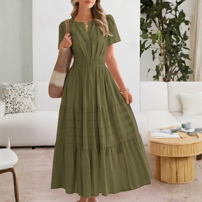 Adrianna | Women Summer Maxi Dress Yellow Split V-Neck Shirred Waist Tiered Skirt