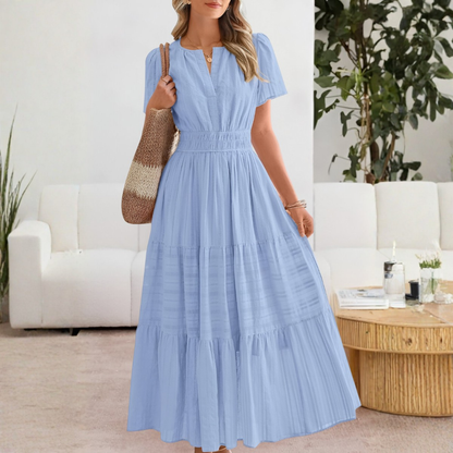 Adrianna | Women Summer Maxi Dress Yellow Split V-Neck Shirred Waist Tiered Skirt