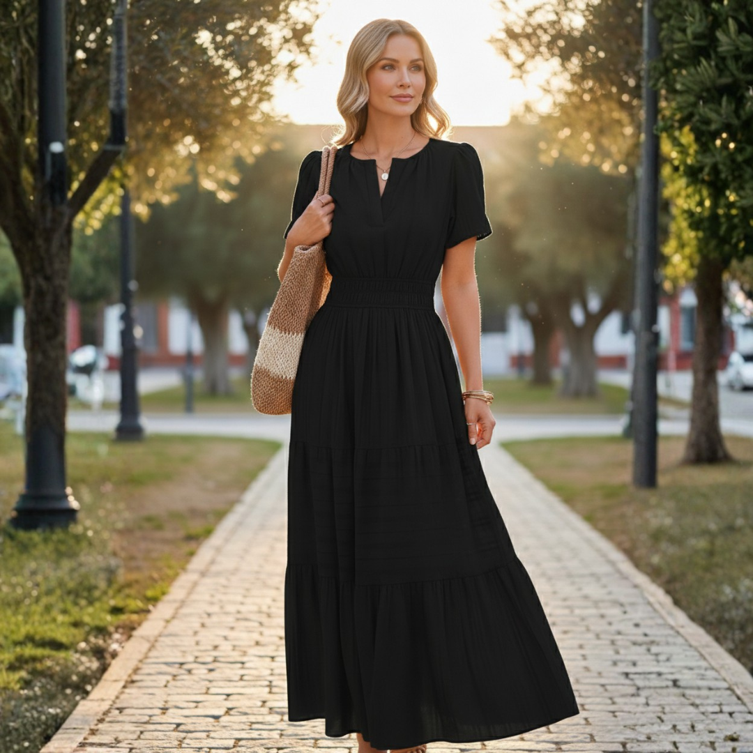 Adrianna | Women Summer Maxi Dress Yellow Split V-Neck Shirred Waist Tiered Skirt