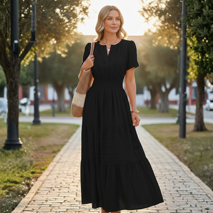 Adrianna | Women Summer Maxi Dress Yellow Split V-Neck Shirred Waist Tiered Skirt
