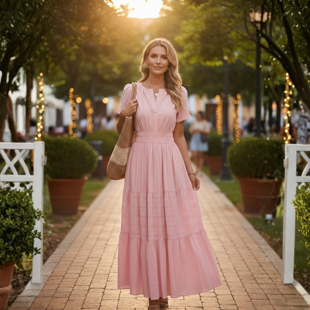 Adrianna | Women Summer Maxi Dress Yellow Split V-Neck Shirred Waist Tiered Skirt
