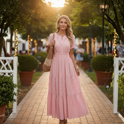 Adrianna | Women Summer Maxi Dress Yellow Split V-Neck Shirred Waist Tiered Skirt