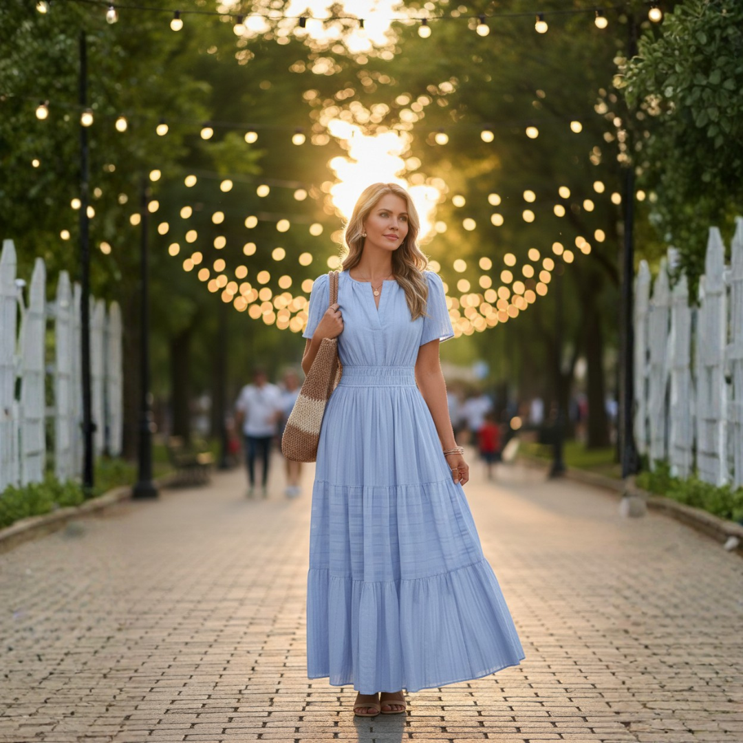 Adrianna | Women Summer Maxi Dress Yellow Split V-Neck Shirred Waist Tiered Skirt