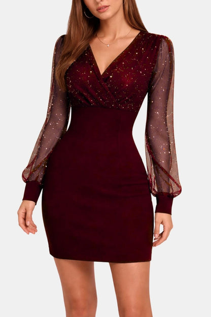 Agnella – Long Sleeve V-Neck Glitter Mini Dress