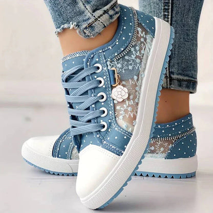Andningsbara damcanvassneakers med höstig blommig spets – Celina