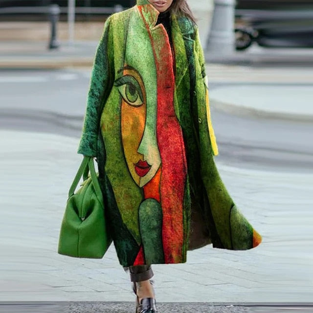 Women’s Long Coat - Lapel Collar Outerwear Button Closure
