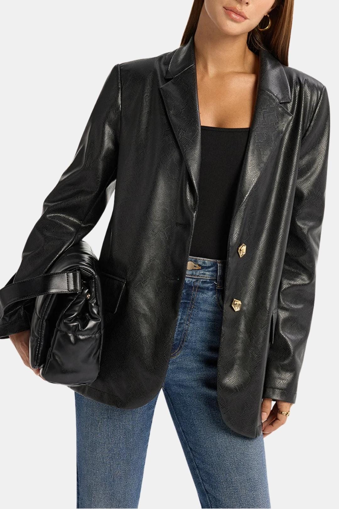 Alexia – Snake Print Metal Button Leather Blazer in Black