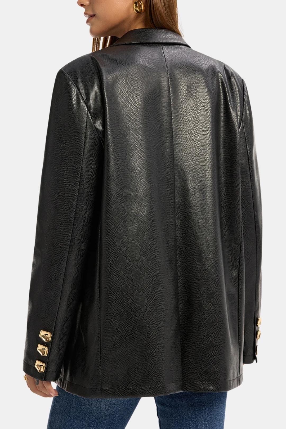 Alexia – Snake Print Metal Button Leather Blazer in Black