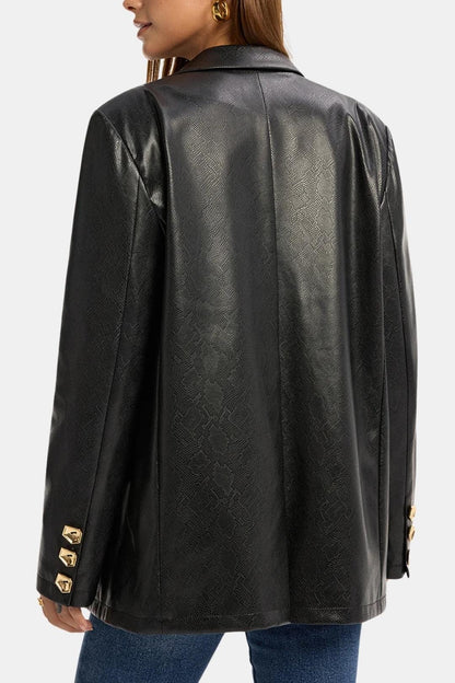 Alexia – Snake Print Metal Button Leather Blazer in Black