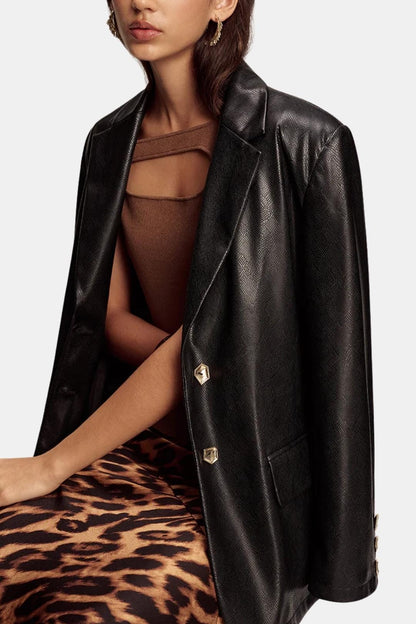Alexia – Snake Print Metal Button Leather Blazer in Black