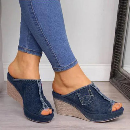 Dames Denim Sandalen met Wedge Hak – Elisabetta