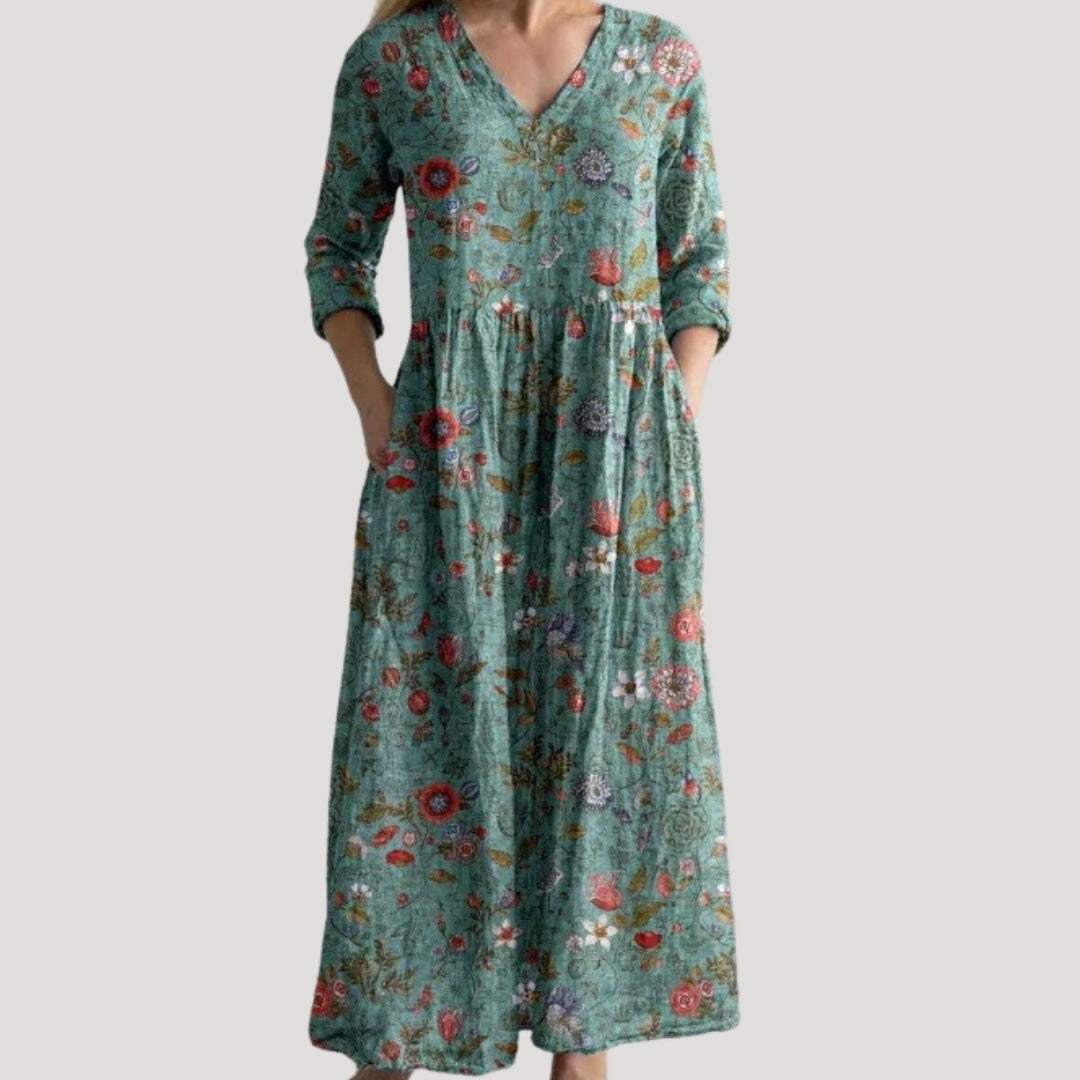 Alison | Women Floral Maxi Dress V-Neck 3/4 Sleeves Gathered Waist Pockets