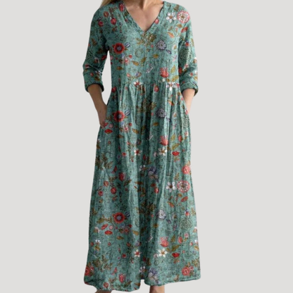 Alison | Women Floral Maxi Dress V-Neck 3/4 Sleeves Gathered Waist Pockets