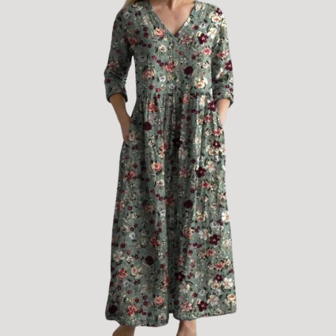 Alison | Women Floral Maxi Dress V-Neck 3/4 Sleeves Gathered Waist Pockets