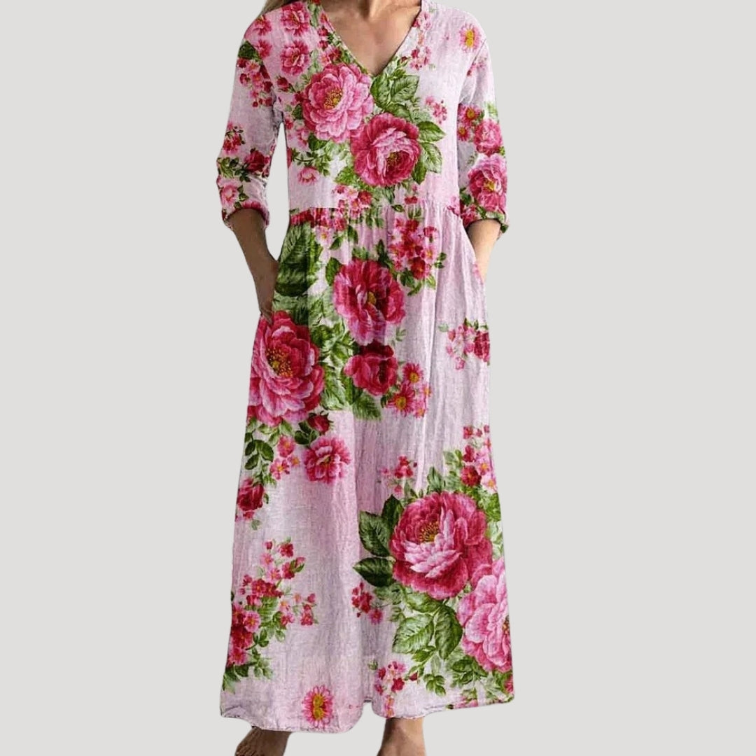 Alison | Women Floral Maxi Dress V-Neck 3/4 Sleeves Gathered Waist Pockets