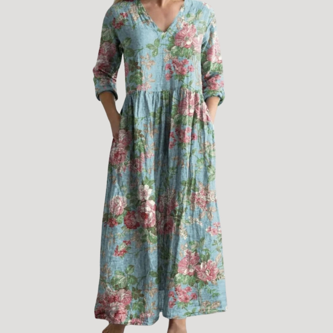 Alison | Women Floral Maxi Dress V-Neck 3/4 Sleeves Gathered Waist Pockets