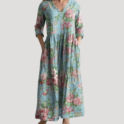Alison | Women Floral Maxi Dress V-Neck 3/4 Sleeves Gathered Waist Pockets