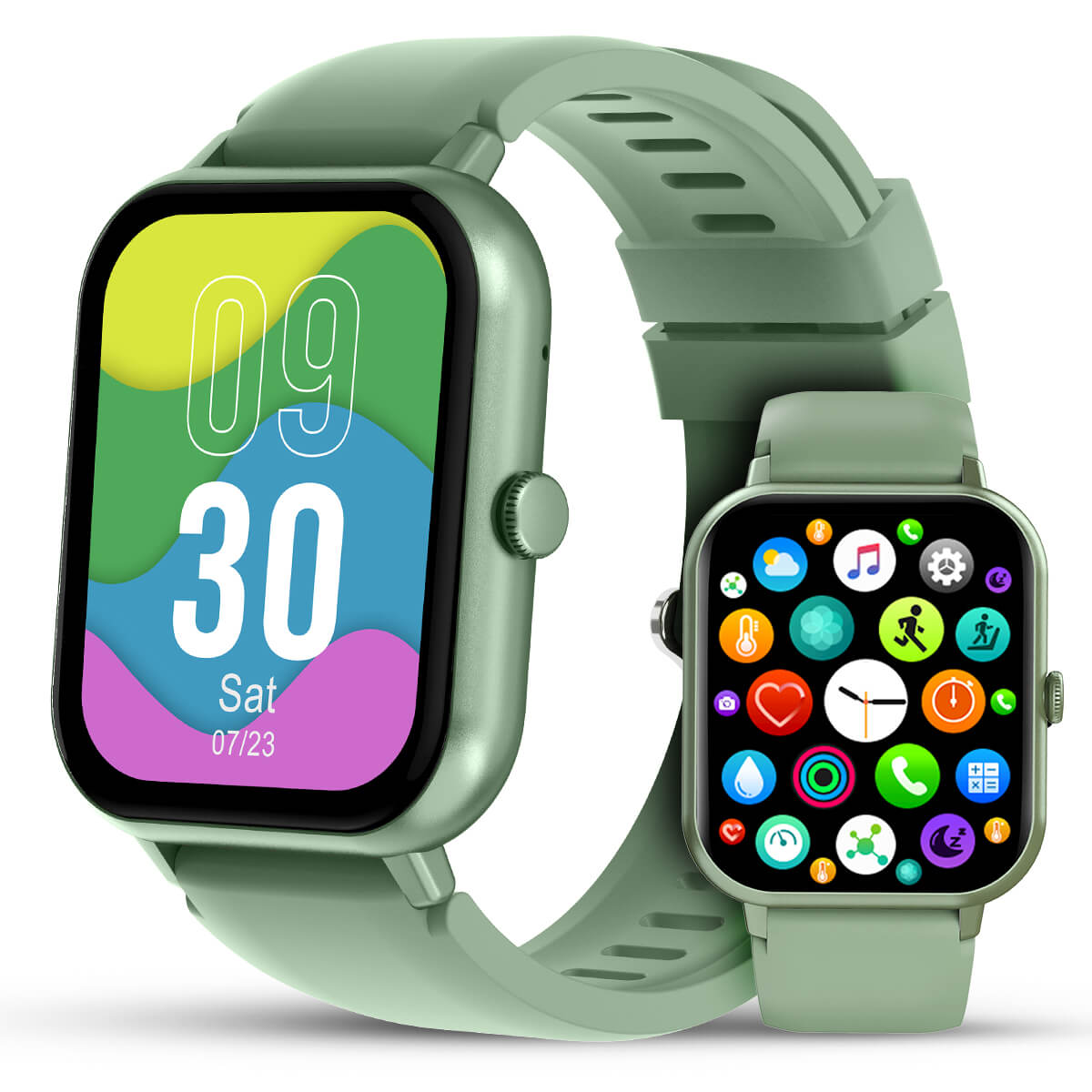 Montre connectée verte avec écran tactile affichant l'heure et des icônes d'applications colorées, design moderne, technologie portable.