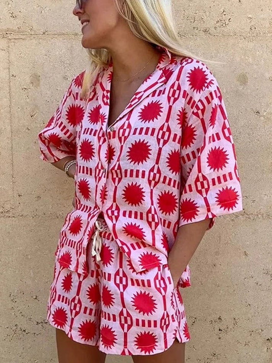 Alona - Printed Summer Two Piece Shorts Set In Pink