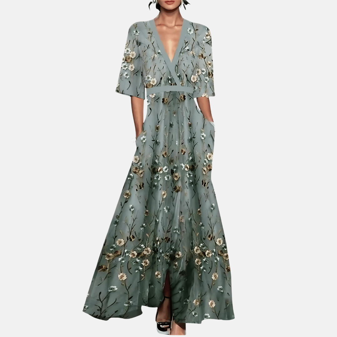 Amelia | Women Evening Maxi Dress Floral Print V-Neck Short Sleeve Side Slit