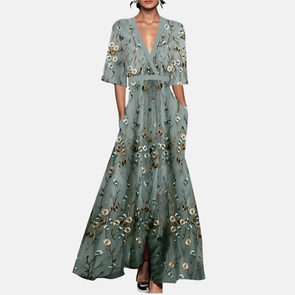 Amelia | Women Evening Maxi Dress Floral Print V-Neck Short Sleeve Side Slit