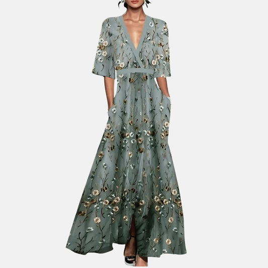 Amelia | Women Evening Maxi Dress Floral Print V-Neck Short Sleeve Side Slit