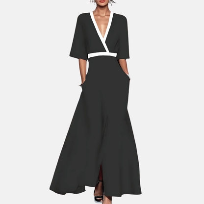 Amelia | Women Evening Maxi Dress Floral Print V-Neck Short Sleeve Side Slit