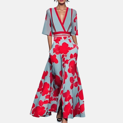 Amelia | Women Evening Maxi Dress Floral Print V-Neck Short Sleeve Side Slit