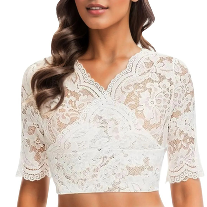 Amelia | Women Lace Crop Top V Neck 3/4 Sleeve Scalloped Edge Sheer Lace