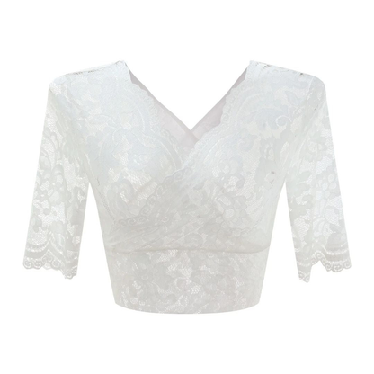 Amelia | Women Lace Crop Top V Neck 3/4 Sleeve Scalloped Edge Sheer Lace