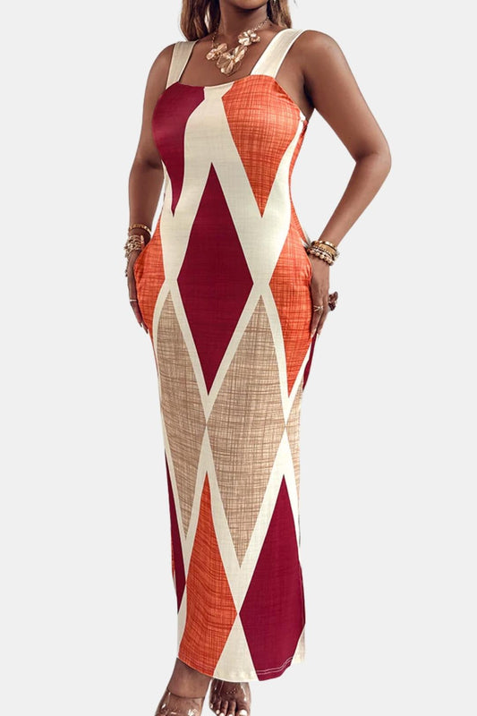 Andromeda - Square Neck Geometric Print Slit Summer Long Dress