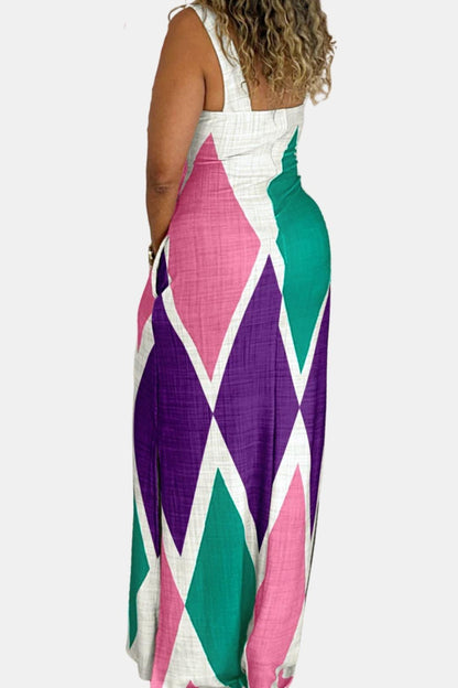 Andromeda - Square Neck Geometric Print Slit Summer Long Dress
