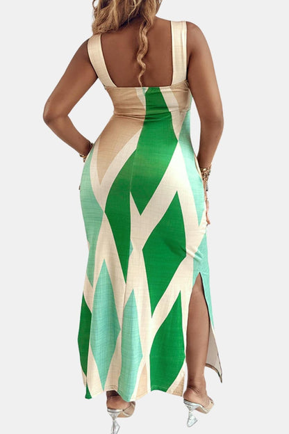 Andromeda - Square Neck Geometric Print Slit Summer Long Dress