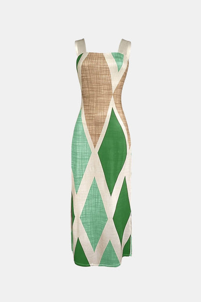 Andromeda - Square Neck Geometric Print Slit Summer Long Dress