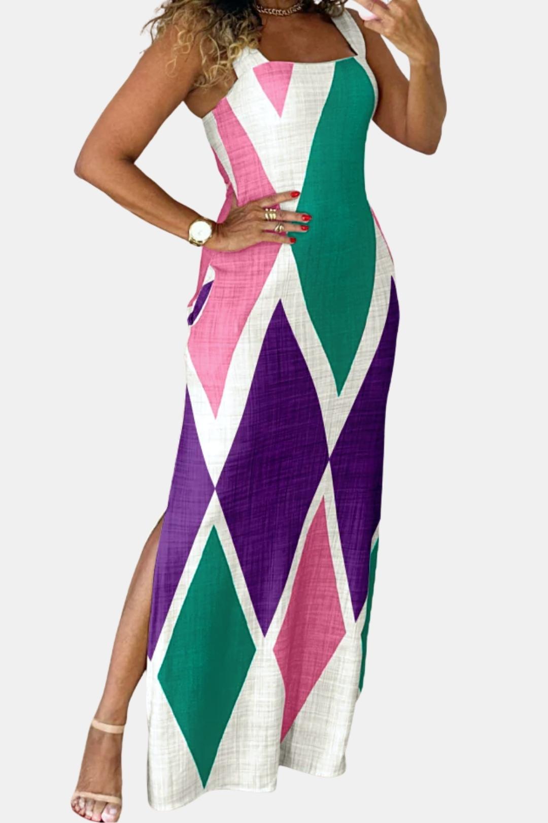 Andromeda - Square Neck Geometric Print Slit Summer Long Dress