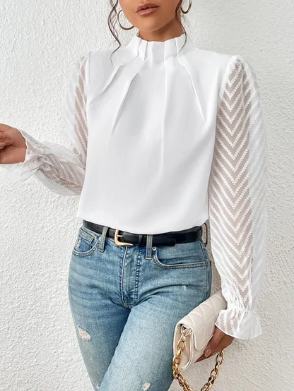 Women's Blouse - Frill Mock Neck Sheer Chevron Sleeve Pleated Top